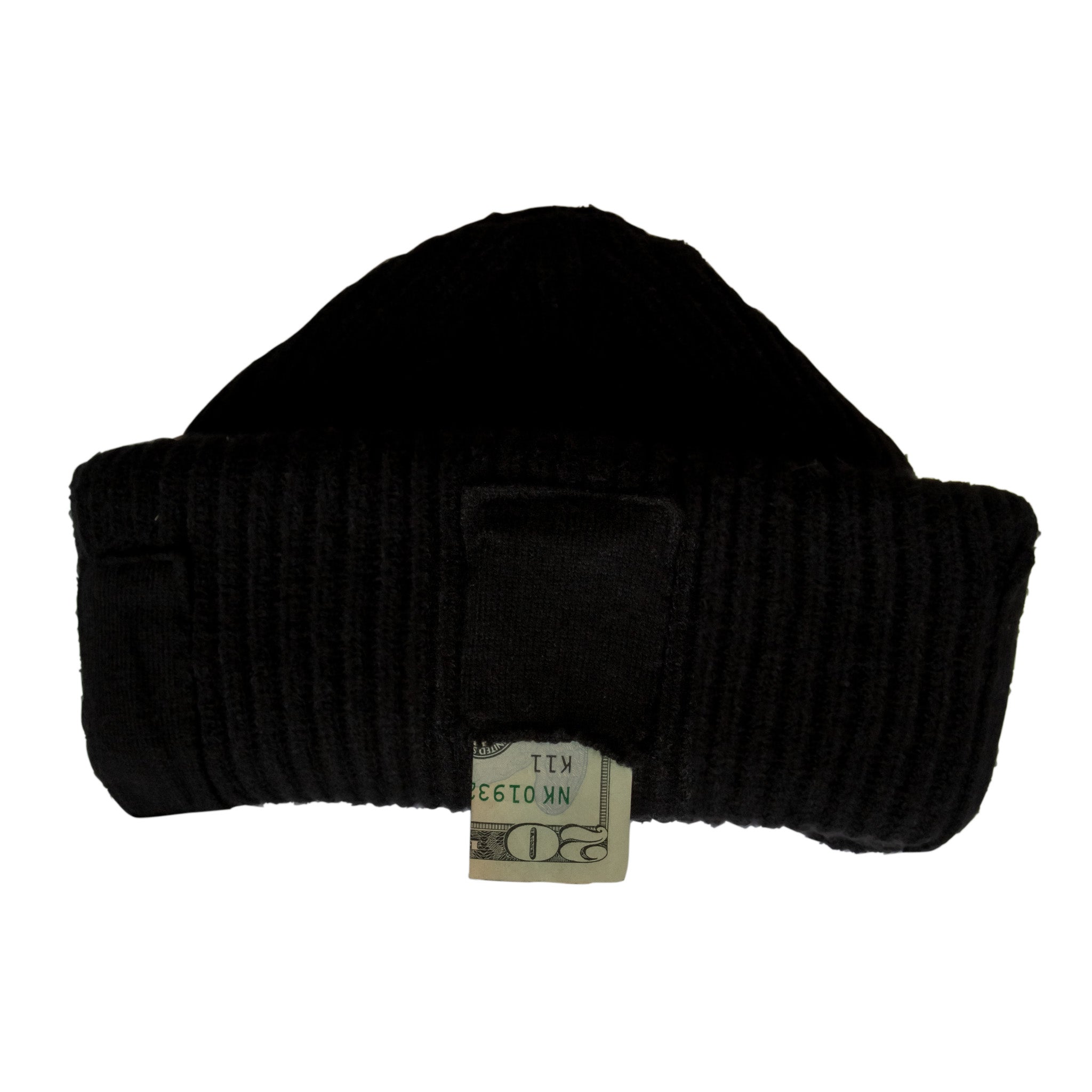Side view of Shred Beanie showing small pocket holding a folded up 20 dollar bill.